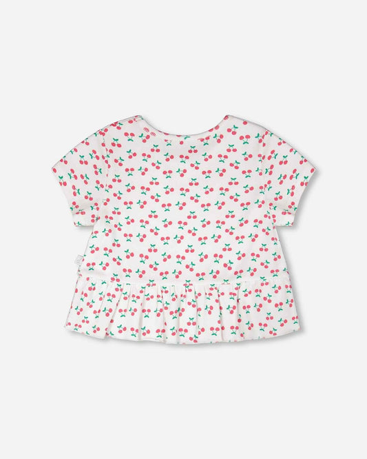 Rib Crop T-Shirt With Frill White Printed Cheeries