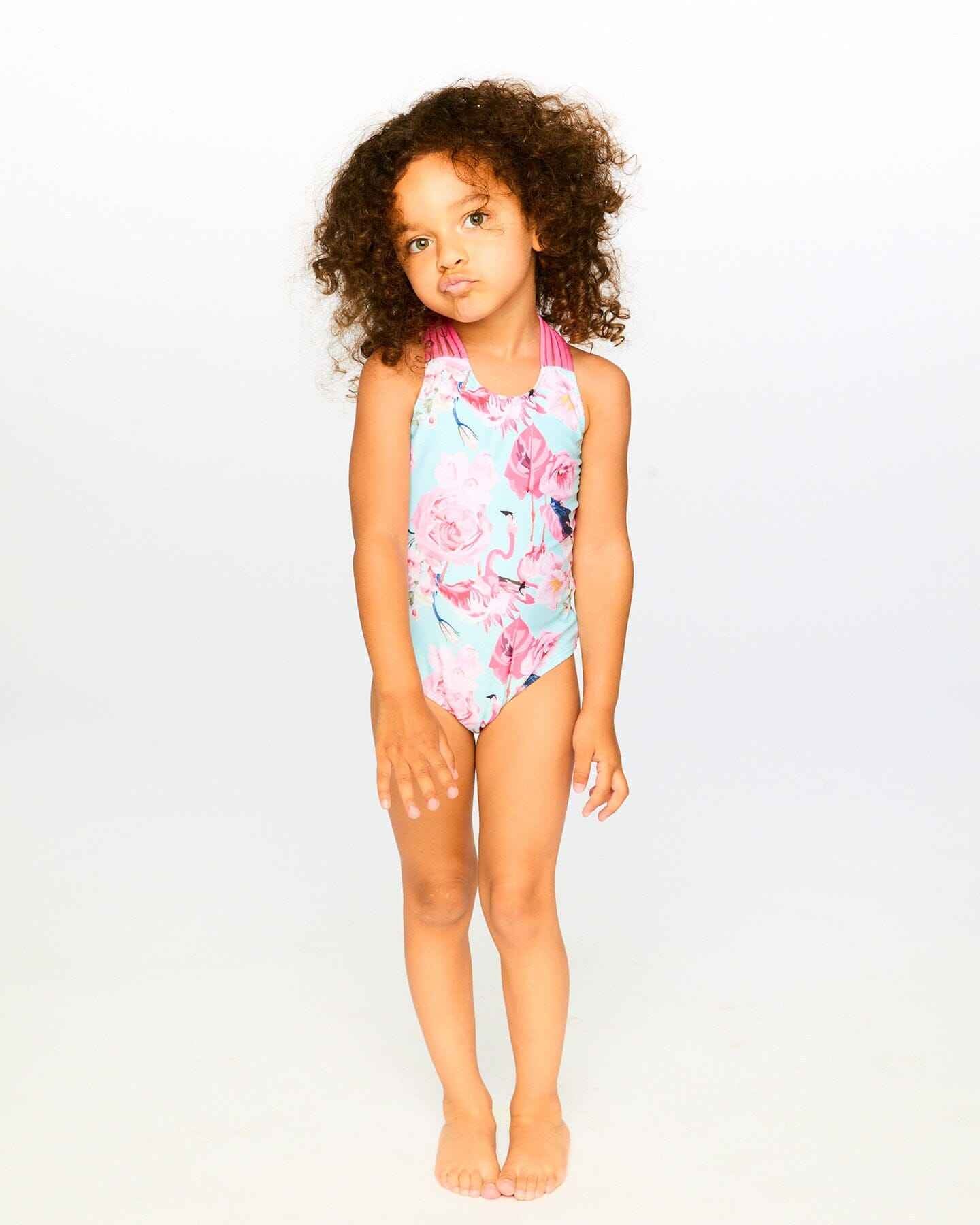 One-Piece Swimsuit Blue Flamingo Print