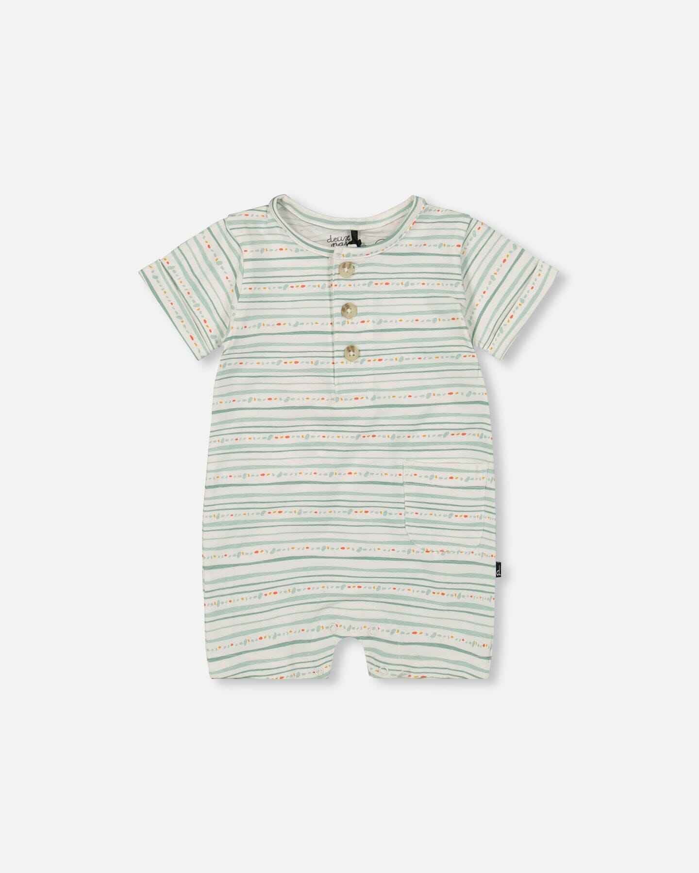 Organic Cotton Romper White Printed Mint Green Lines