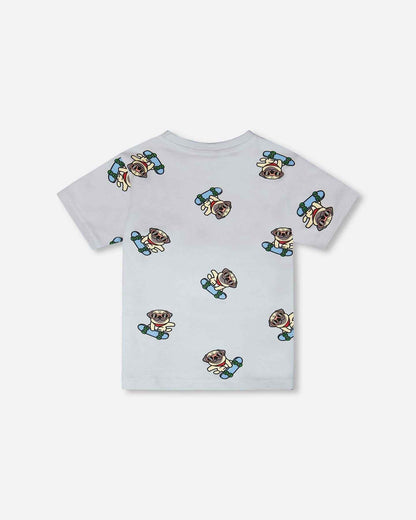 Organic Cotton Jersey T-Shirt Blue Pug Print