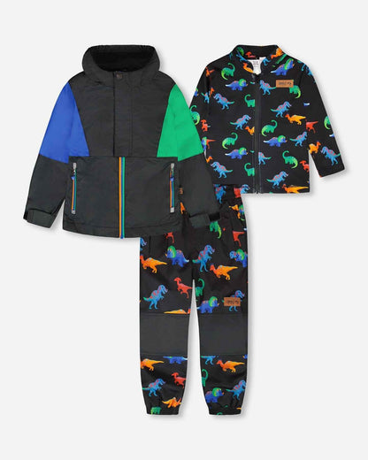 3-In-1 Two-Piece Mid-Season Outerwear Set Black Dinosaur Print