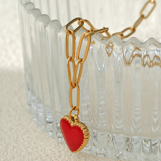 HEART ROUGE Gold: Paper Clip Chain Anchoring an Enameled Red Heart Charm