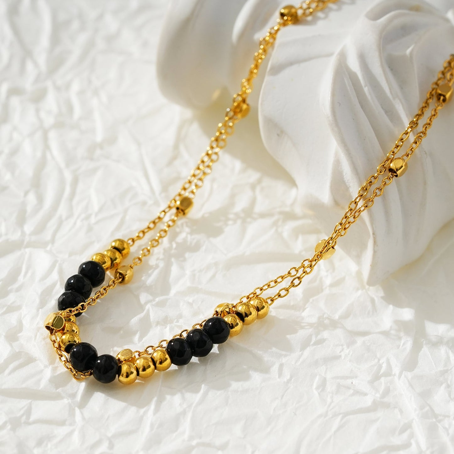 HILDA Gold Necklace: Two-in-One Square Beads & Round Beads in Black & Gold