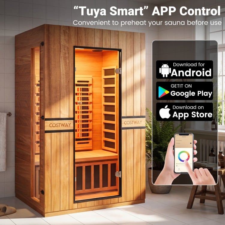 PREORDER NOVEMBER 2026-Costway 2-Person Dual Therapy Full Spectrum Infrared Sauna with Red Light Panel, WiFi App Control, Chromotherapy & Bluetooth – Okoume Wood- Fully Loaded Indoor Spa