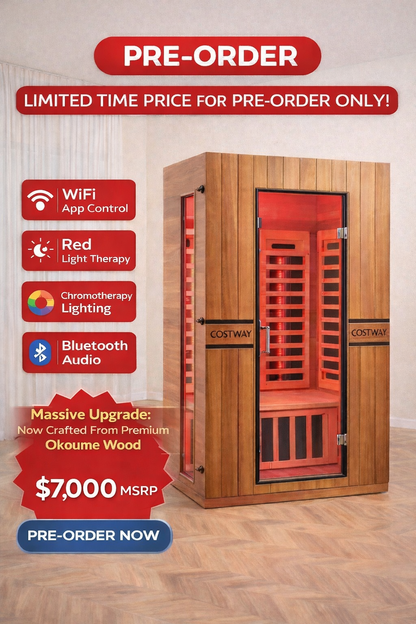PREORDER NOVEMBER 2026-Costway 2-Person Dual Therapy Full Spectrum Infrared Sauna with Red Light Panel, WiFi App Control, Chromotherapy & Bluetooth – Okoume Wood- Fully Loaded Indoor Spa