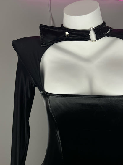Gothic Long Sleeves Spandex Leather Garter Belt Tight Party Dress Lingerie