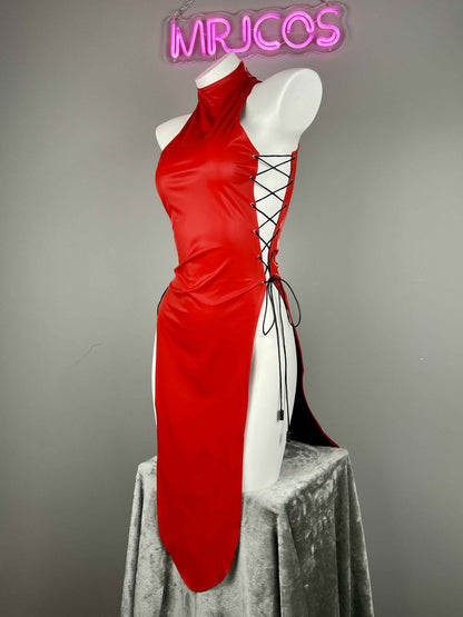 Vintage PU Leather Satin Cheongsam Lingerie Sexy Party Dress Costume