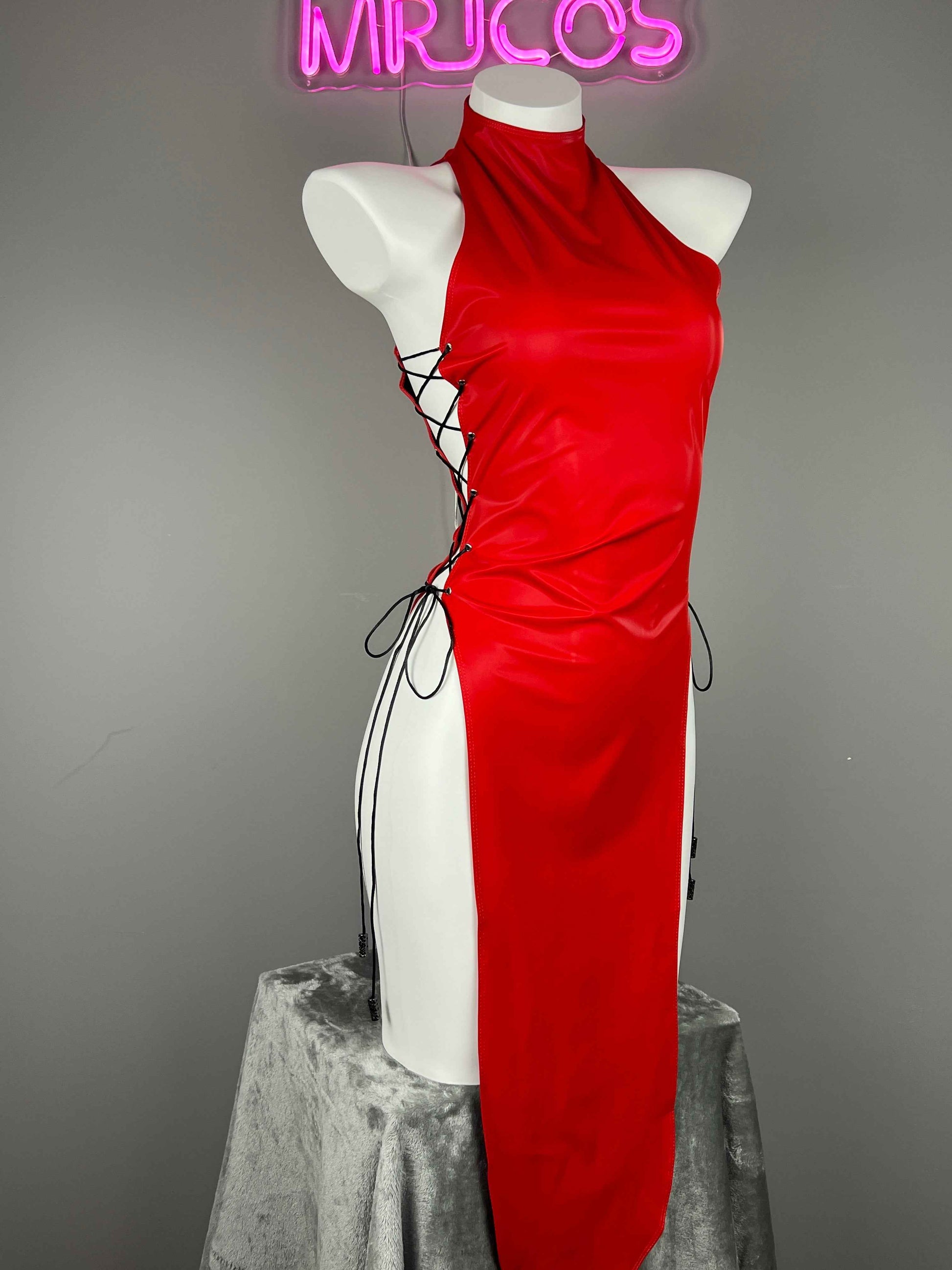 Vintage PU Leather Satin Cheongsam Lingerie Sexy Party Dress Costume