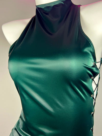 Vintage PU Leather Satin Cheongsam Lingerie Sexy Party Dress Costume
