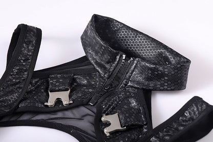 Tactical Anime Girl PU Leather Sheer Mesh Sexy Cosplay Bodysuit Costume