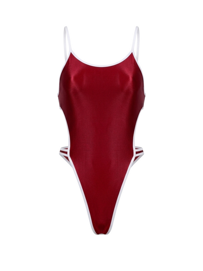 Women's High-Cut One-Piece Satin Spandex BodySuit Swimsuit with Side Cutouts
