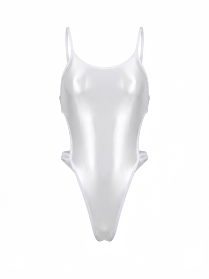 Women's High-Cut One-Piece Satin Spandex BodySuit Swimsuit with Side Cutouts