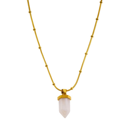 MAKEDA: Amethyst Stone Pendant Anchored on a Beaded Snake Skin Textured Chain Necklace