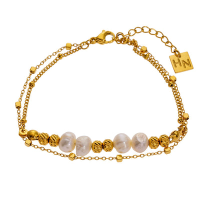 MARENTA: Gilded Harmony Chain Bracelet with Gold Beads and Freshwater Pearls