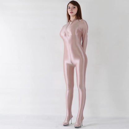 Extra Long Front Triple-Zipper Spandex Nylon Full Bodysuit Zentai Shinny Jumpsuit