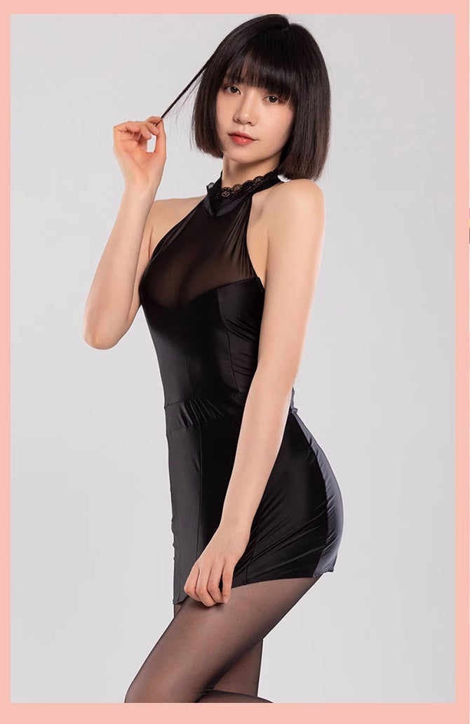 Satin Spandex Halter Sleeveless Short Dress Lingerie