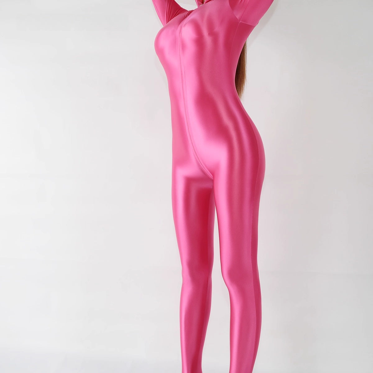 Extra Long Front Triple-Zipper Spandex Nylon Full Bodysuit Zentai Shinny Jumpsuit