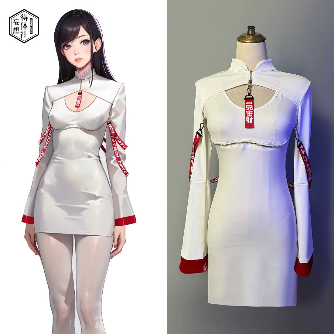 Anime Style Black and White Witch Spandex PU Leather Short Dress with Bust Zipper