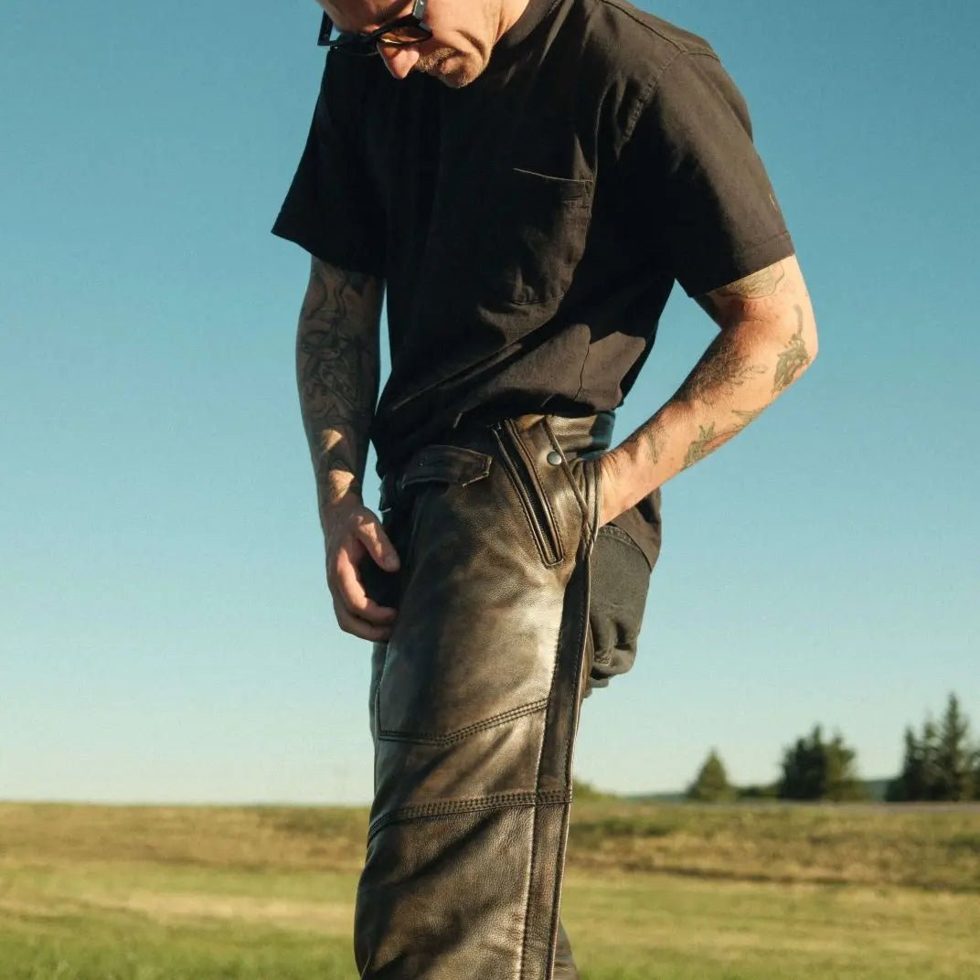 Open Road Men's Distressed Brown 4 Pocket Premium Leather Chaps