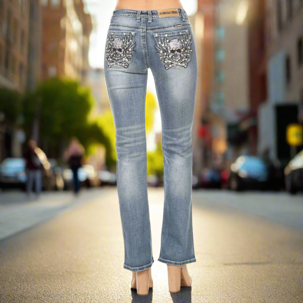 Platinum Plush Women's Rhinestone Skull & Bones Bootcut Jeans
