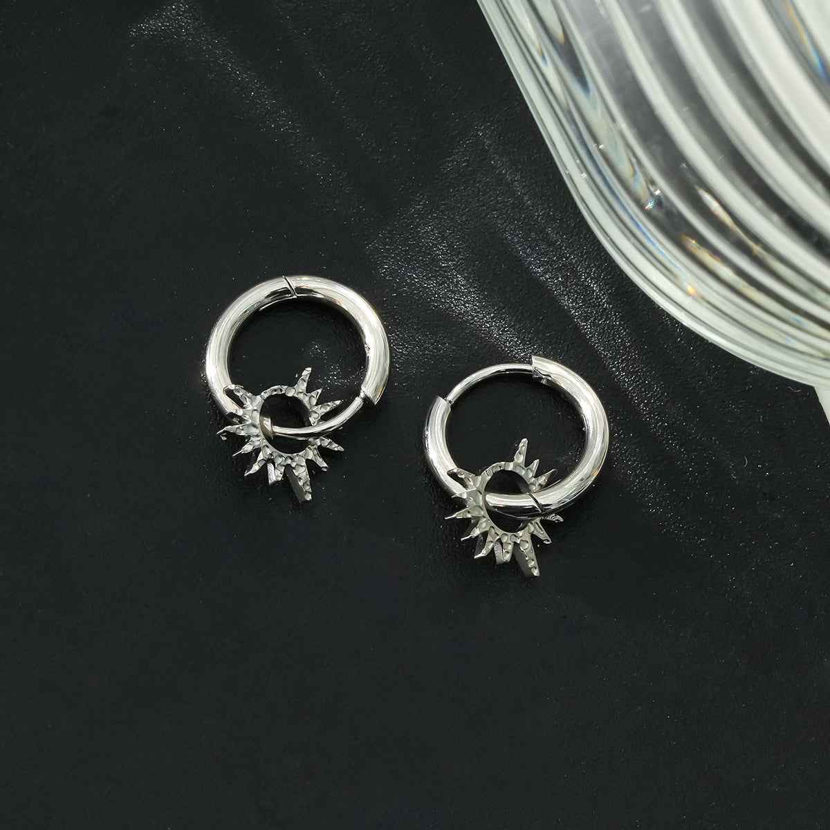 SONNE White Gold (Silver Toned): Vintage Inspired Hoops with Textured Star Charms