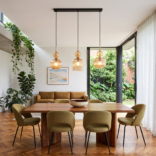 SOPHIA Cognac Ribbed Glass 3-Light Linear Pendant for Dining, Living Room & Kitchen