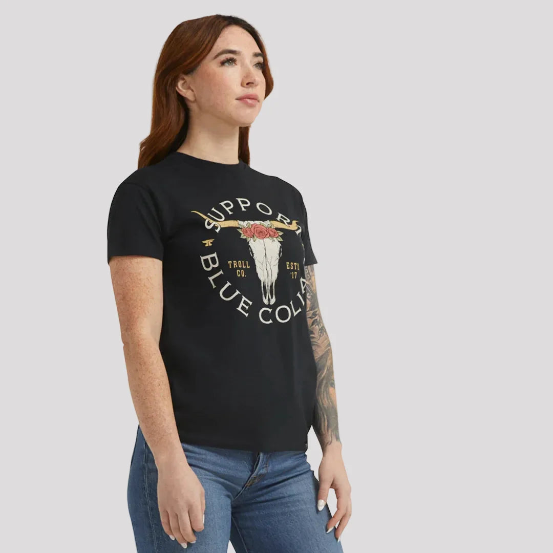 DHCM Women’s Support Blue Collar Longhorn T-Shirt. SBC Graphic Tee