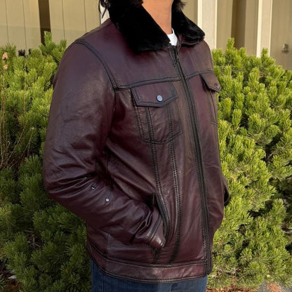 Men's Sheep Leather Jacket with Removable Fur Collar