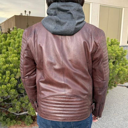 Men's Lamb Leather Jacket with Removable Hoodie