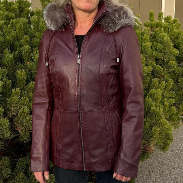 Women's Sheepskin Leather Jacket with Real Fox Fur Trim