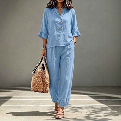 Women’s 2-Piece Casual V-Neck Top & Cropped Wide-Leg Pants Set – Retro Office Outfit