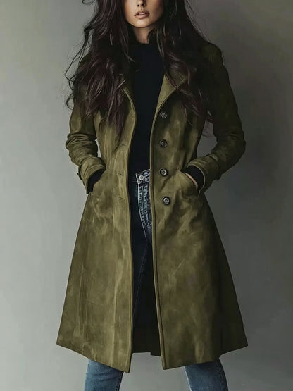 Women’s Suede Lapel Trench Coat – Mid-Length Fall & Winter Belted Jacket