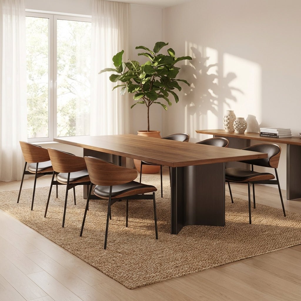 Aero Curve Walnut & Leather Dining Set with 6 Chairs