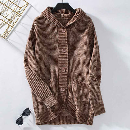 Women's Hooded Loose-Fit Mid-Length Knit Sweater