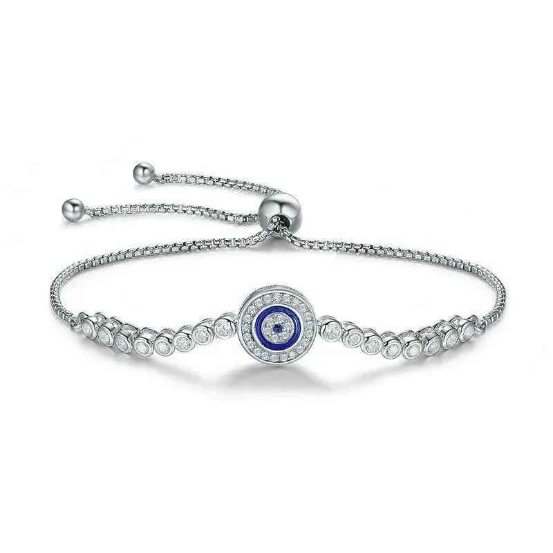 Sterling Silver Evil Eye Tennis Bracelet with CZ – Adjustable