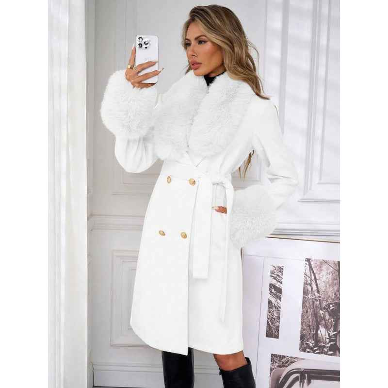 Women’s Elegant Double-Breasted Trench Coat with Tie Belt – Classic Longline Outerwear Jacket
