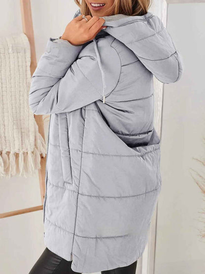 Women’s Hooded Long Cotton Coat with Pockets – Solid Color Casual Winter Jacket