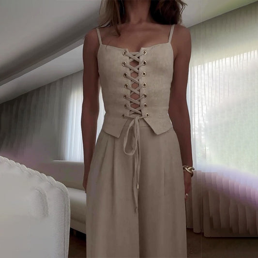 Women’s Sexy Hollow-Out Strap Top & Wide-Leg Pants Set – Casual Summer 2-Piece Outfit