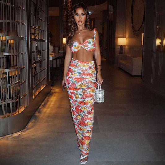 Elegant Women's Two Piece Dress Set – Printed Sleeveless Top with Pleated Maxi Skirt