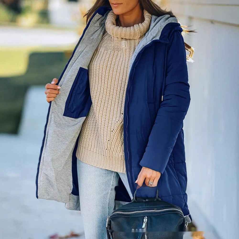 Women’s Hooded Long Cotton Coat with Pockets – Solid Color Casual Winter Jacket