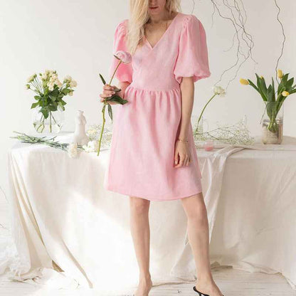 Women’s V-Neck Half-Sleeve Loose Dress – Relaxed-Fit Casual Summer Midi Dress