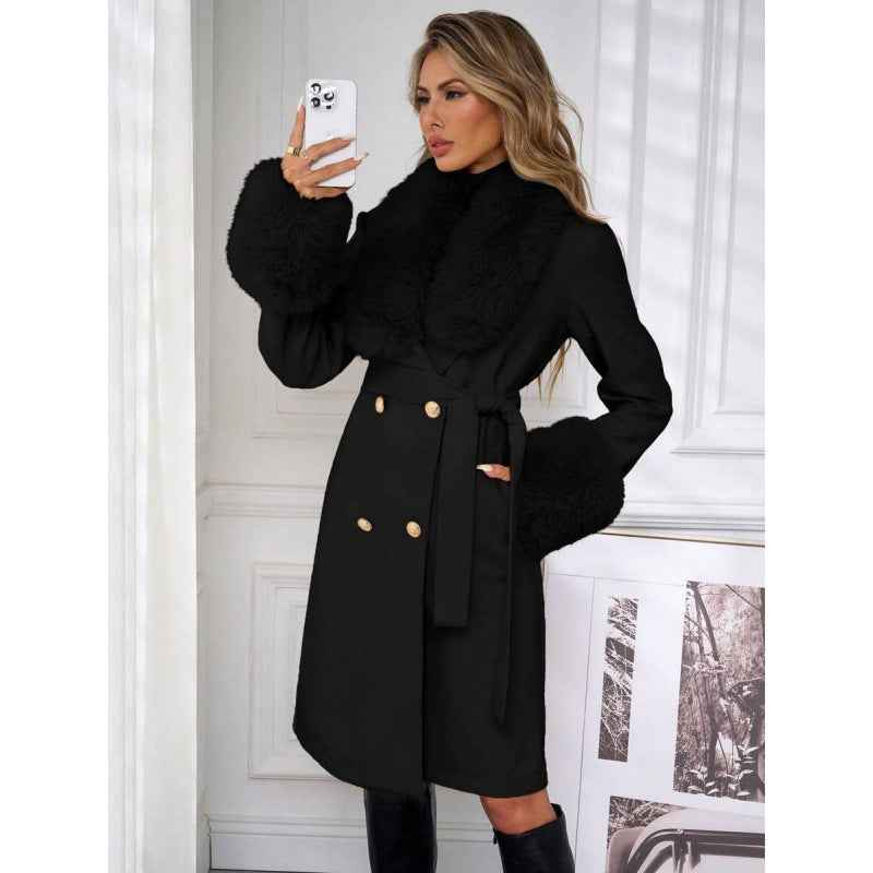 Women’s Elegant Double-Breasted Trench Coat with Tie Belt – Classic Longline Outerwear Jacket