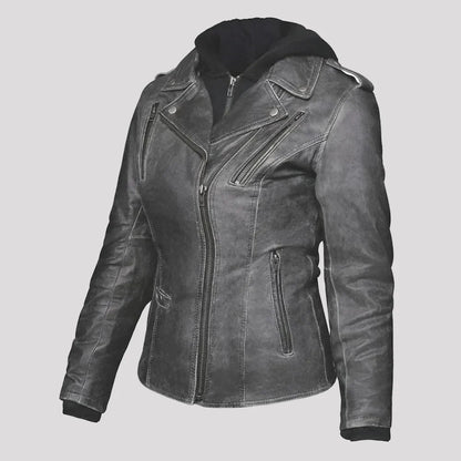 Open Road Women's Hooded Classic Leather Motorcycle Jacket