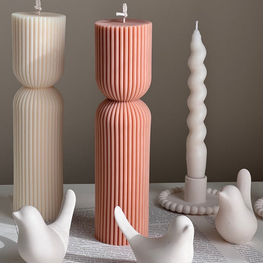Ribbed Hourglass Pillar Candle: Sculptural Striped Soy Candle