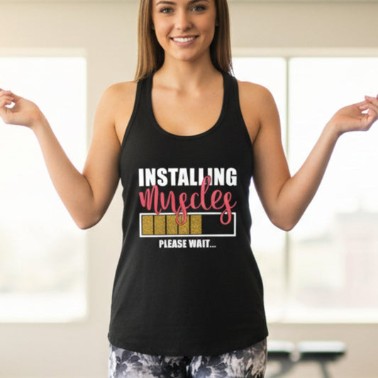 Installing Muscles Please Wait Racerback Tank Top