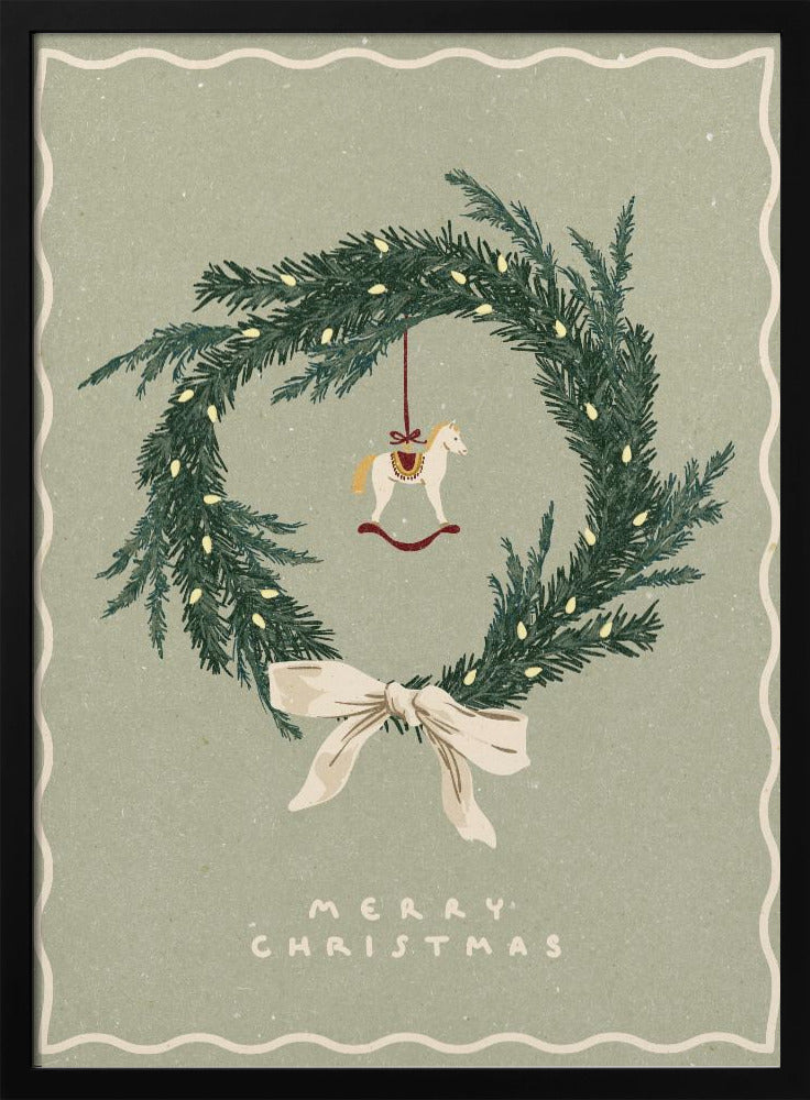 Wall art Horses Toy on Christmas wreath with bow Canvas Print