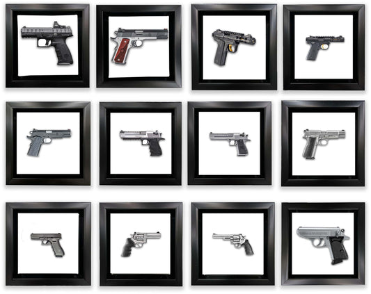 Set von 12 Mini-Gerahmten Kunstleinwänden mit Waffenmotiven