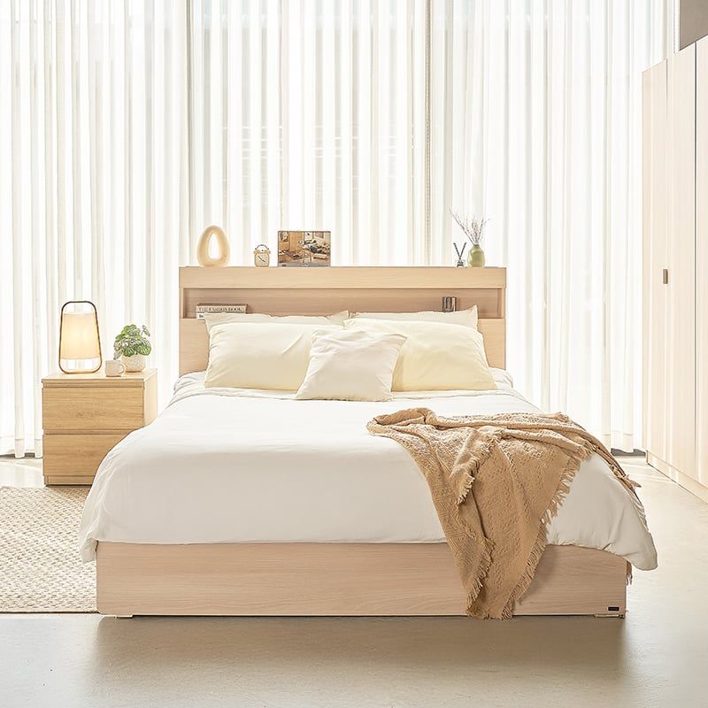 Vienna Wooden Bed with Storage Drawers & Integrated Power Outlets (Natural Wood)